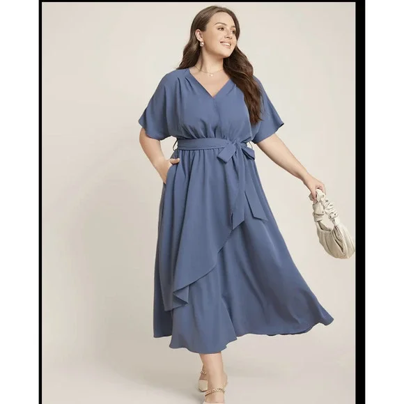 Bloomchic Plain Dolman Sleeve Pocket Stone Blue Flutter Midi Dress 1X NWT - Picture 1 of 7
